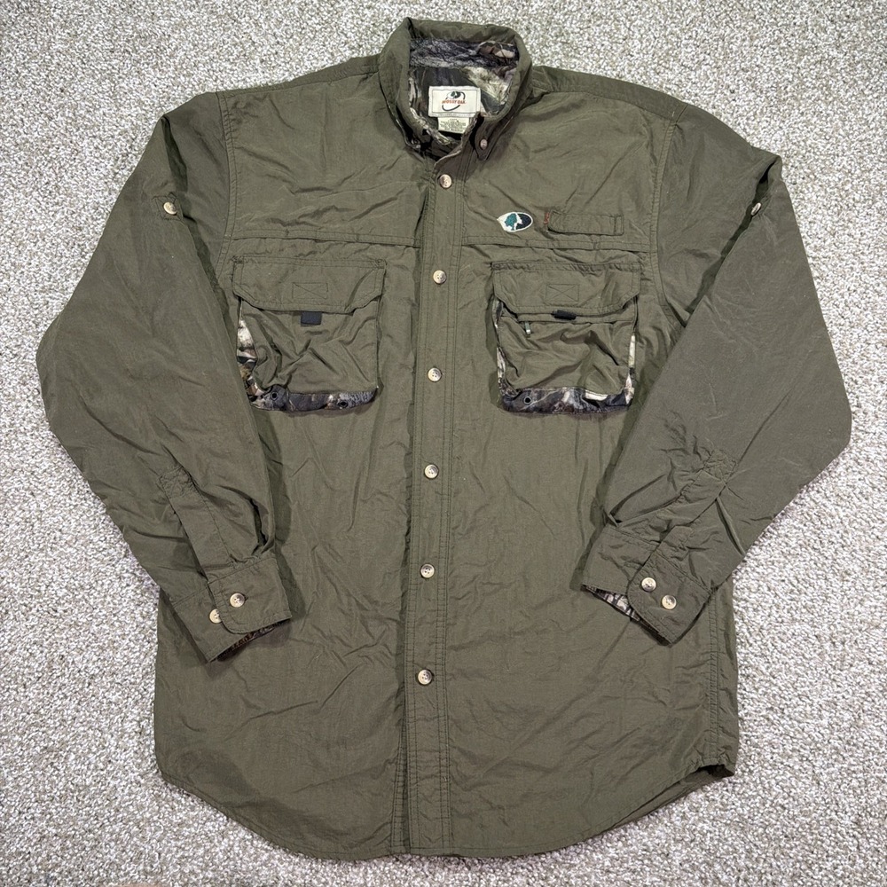 Mossy Oak Shirt Mens S Green w Camo Trim Button Up Long Sleeve  Vented Nylon